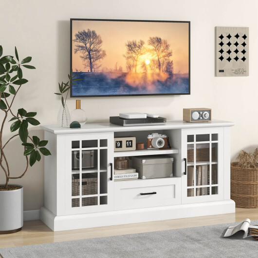 TV Stand for TVs up to 70 with Glass Doors Cubbies and Drawer-White - Color: White - Image 3
