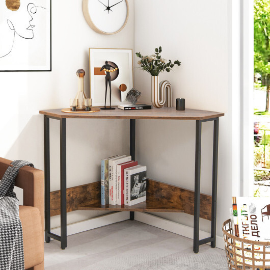 Triangle Computer Corner Desk with Charging Station-Rustic Brown - Color: Rustic Brown - Image 2