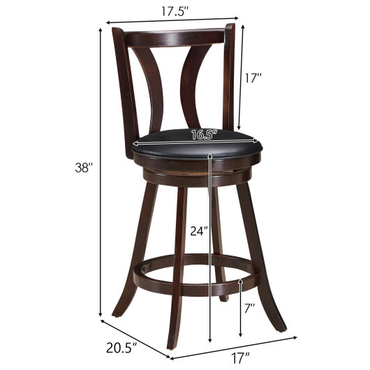 Set of 2 Swivel Bar stool 24 Inch Counter Height Leather Padded Dining Kitchen Chair-24 Inch - Color: Brown - Size: 24 inches - Image 4