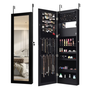 Lockable Wall Door Mounted Mirror Jewelry Cabinet w/LED Lights-Black - Color: Black