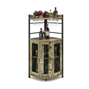 Industrial Corner Bar Cabinet with Glass Holder and Adjustable Shelf-Taupe - Color: Taupe