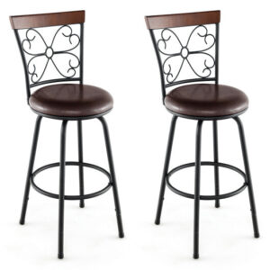 2 Pieces 24-30 Inch Adjustable PU Cushioned Swivel Barstools-Brown - Color: Brown