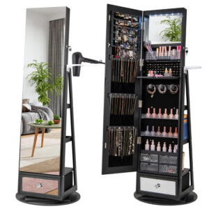 Lockable 360?&deg; Swivel Jewelry Cabinet with Full-Length Mirror LED Lights-Black - Color: Black