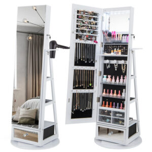 Lockable 360?&deg; Swivel Jewelry Cabinet with Full-Length Mirror LED Lights-White - Color: White