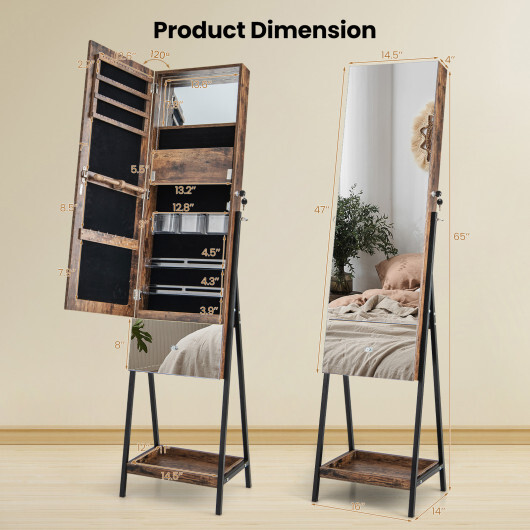 Lockable Freestanding Jewelry Organizer with Full-Length Frameless Mirror-Rustic Brown - Color: Rustic Brown - Image 4