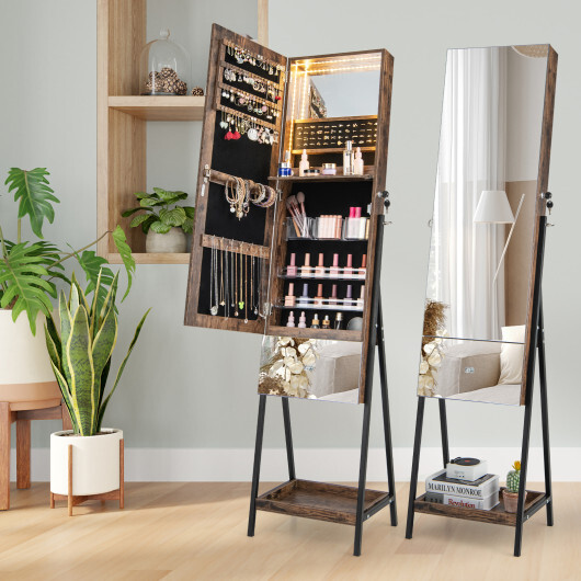 Lockable Freestanding Jewelry Organizer with Full-Length Frameless Mirror-Rustic Brown - Color: Rustic Brown - Image 5