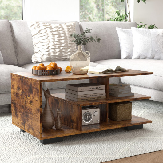 Rectangular Coffee Table with L-shaped Middle Shelf-Brown - Color: Brown - Image 3
