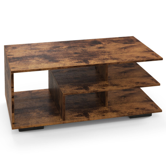 Rectangular Coffee Table with L-shaped Middle Shelf-Brown - Color: Brown - Image 4