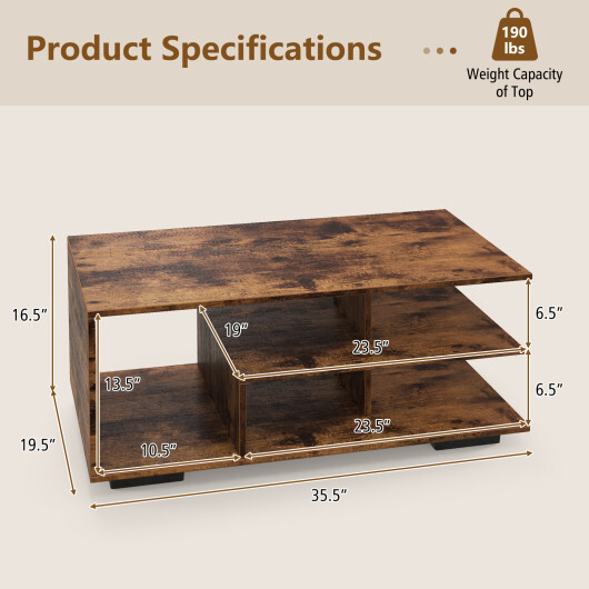 Rectangular Coffee Table with L-shaped Middle Shelf-Brown - Color: Brown - Image 5