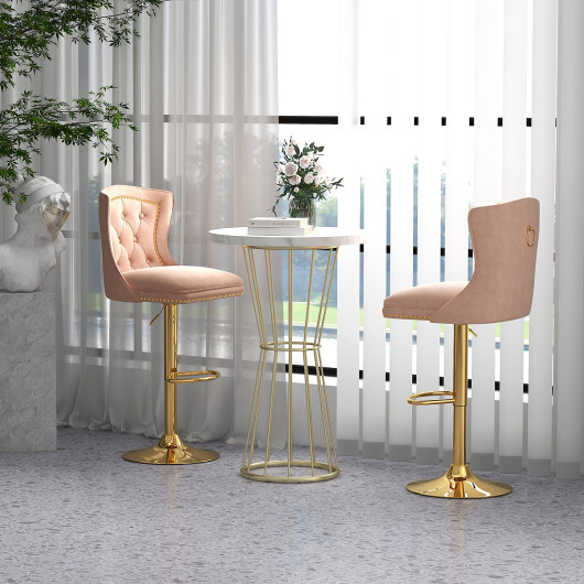 Set of 2 Bar Chairs with Footrest Electroplated Metal Base and Anti-Slip Ring-Pink - Color: Pink - Image 2