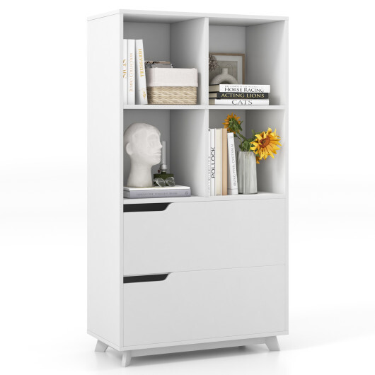 4-Tier Open Bookcase with 2 Drawers and 4 Storage Cubes-White - Color: White