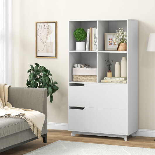 4-Tier Open Bookcase with 2 Drawers and 4 Storage Cubes-White - Color: White - Image 2