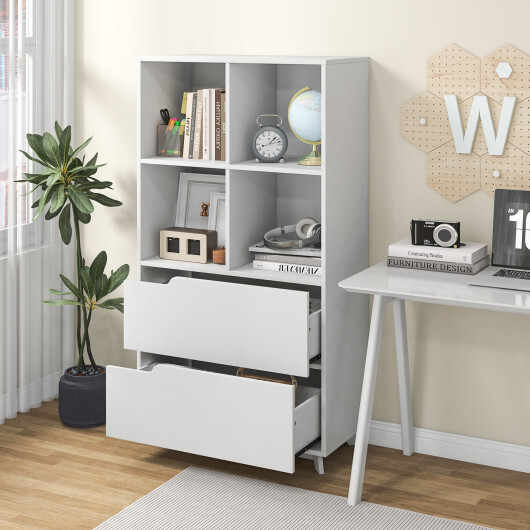 4-Tier Open Bookcase with 2 Drawers and 4 Storage Cubes-White - Color: White - Image 3