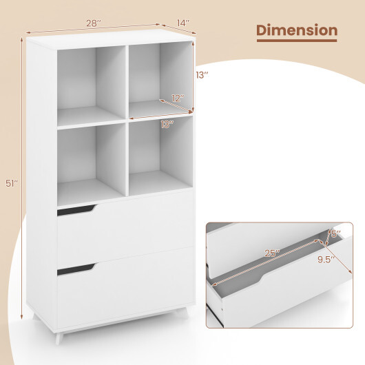 4-Tier Open Bookcase with 2 Drawers and 4 Storage Cubes-White - Color: White - Image 5