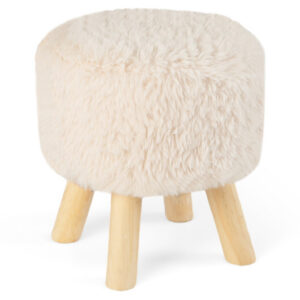 Round Footstool Ottoman Faux Fur Footrest with Padded Seat and Rubber Wood Legs-White - Color: White