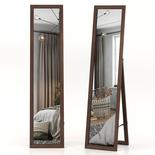Full Length Mirror with Stand and Solid Wood Frame-14.5 x 14 x 61 inches - Color: Brown - Size: 14.5 x 14 x 61 inches