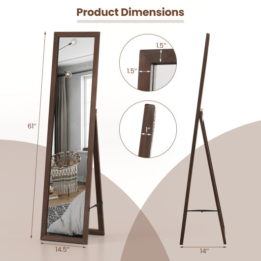 Full Length Mirror with Stand and Solid Wood Frame-14.5 x 14 x 61 inches - Color: Brown - Size: 14.5 x 14 x 61 inches - Image 4