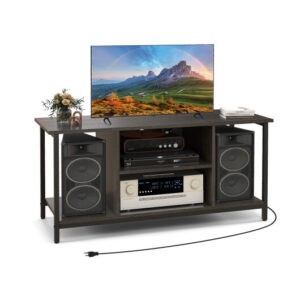 3-Tier TV Stand with Power Outlet USB and Adjustable Shelf-Gray - Color: Gray