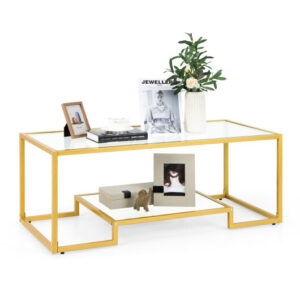 Modern 2-Tier Rectangular Coffee Table with Glass Table Top-Golden - Color: Golden - Size: 2-Tier