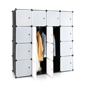 16-Cube Storage Organizer with 16 Doors and 2 Hanging Rods-Black - Color: Black