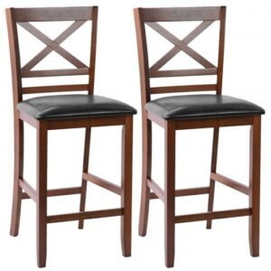 Set of 2 Bar Stools 25 Inch Counter Height Chairs with PU Leather Seat - Color: Walnut
