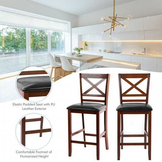 Set of 2 Bar Stools 25 Inch Counter Height Chairs with PU Leather Seat - Color: Walnut - Image 3
