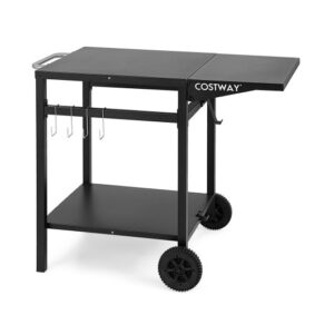 Movable Outdoor Grill Cart with Folding Tabletop and Hooks-Black - Color: Black