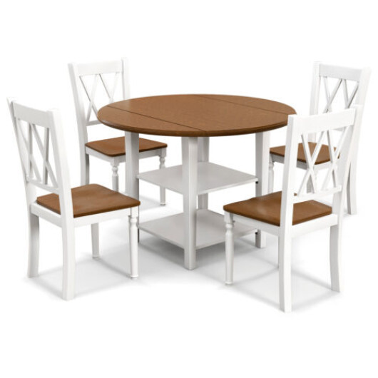 5 Piece Round Kitchen Dining Set with Drop Leaf Table Top - Color: Walnut & Gray