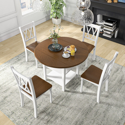 5 Piece Round Kitchen Dining Set with Drop Leaf Table Top - Color: Walnut & Gray - Image 2