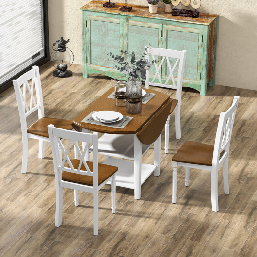 5 Piece Round Kitchen Dining Set with Drop Leaf Table Top - Color: Walnut & Gray - Image 3