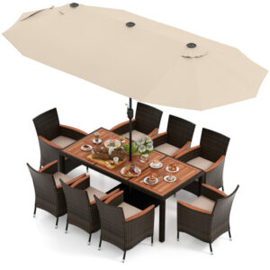 10 Piece Outdoor Dining Set with 15 Feet Double-Sided Twin Patio Umbrella-Beige - Color: Beige