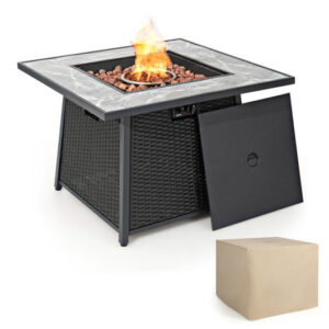 35 Inch Propane Gas Fire Pit Table Wicker Rattan with Lava Rocks PVC Cover-Black - Color: Black