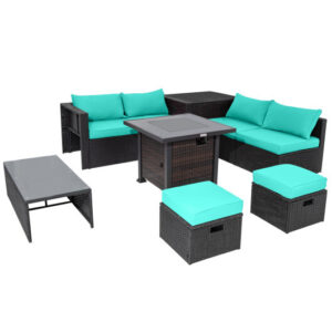 9 Pieces Patio Furniture Set with 32" Fire Pit Table and 50000 BTU Square Propane Fire Pit-Turquoise - Color: Turquoise