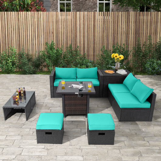 9 Pieces Patio Furniture Set with 32" Fire Pit Table and 50000 BTU Square Propane Fire Pit-Turquoise - Color: Turquoise - Image 3