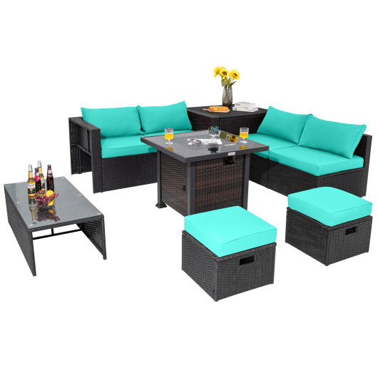 9 Pieces Patio Furniture Set with 32" Fire Pit Table and 50000 BTU Square Propane Fire Pit-Turquoise - Color: Turquoise - Image 4