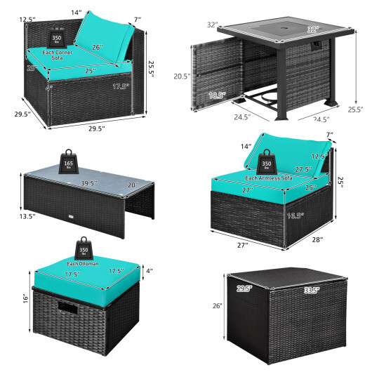9 Pieces Patio Furniture Set with 32" Fire Pit Table and 50000 BTU Square Propane Fire Pit-Turquoise - Color: Turquoise - Image 5