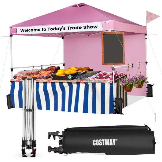 10 x 10 Feet Foldable Commercial Pop-up Canopy with Roller Bag and Banner Strip-Pink - Color: Pink
