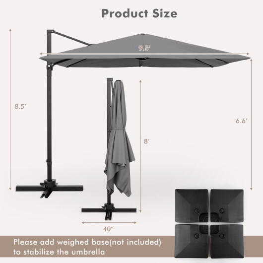 9.5 Feet Square Patio Cantilever Umbrella with 360?° Rotation-Gray - Color: Gray - Image 5