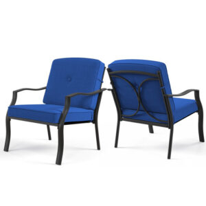 2 Pieces Patio Metal Chairs with Seat and Back Cushions for Yard-Navy - Color: Navy