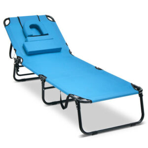 Beach Chaise Lounge Chair with Face Hole and Removable Pillow-Blue - Color: Blue