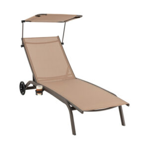 Patio Heavy-Duty Adjustable Chaise Lounge Chair with Canopy Cup holder and Wheels-Brown - Color: Brown