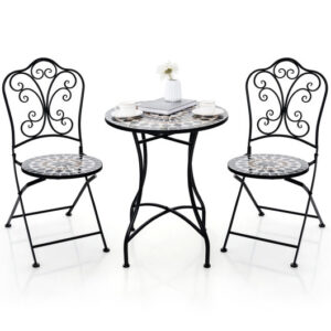 3 Piece Patio Bistro Set with Round Table and 2 Folding Chairs - Color: Gray