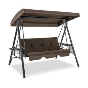Convertible 3-Seat Patio Porch Swing Chair to Flat Bed with Adjustable Canopy-Brown - Color: Brown