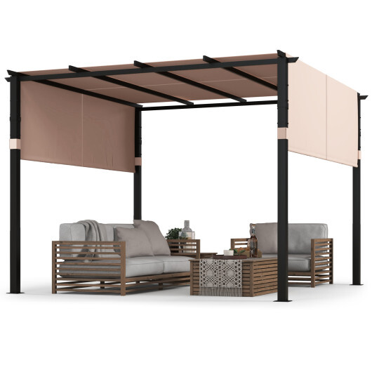 10 x 10 ft Flat Top Pergola with Retractable Canopy for Garden Pool Porch and Backyard-Beige - Color: Beige - Image 4