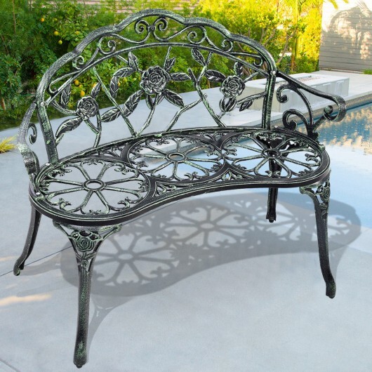 Outdoor Cast Aluminum Patio Bench Antique Rose - Color: Green - Image 2
