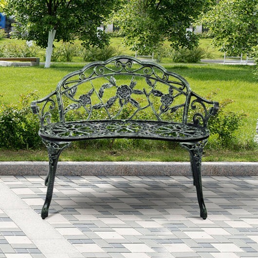 Outdoor Cast Aluminum Patio Bench Antique Rose - Color: Green - Image 3