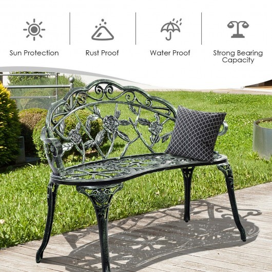 Outdoor Cast Aluminum Patio Bench Antique Rose - Color: Green - Image 5