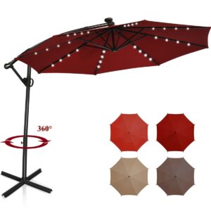10 ft 360?&deg; Rotation Solar Powered LED Patio Offset Umbrella without Weight Base-Dark Red - Color: Dark Red - Size: 10 ft