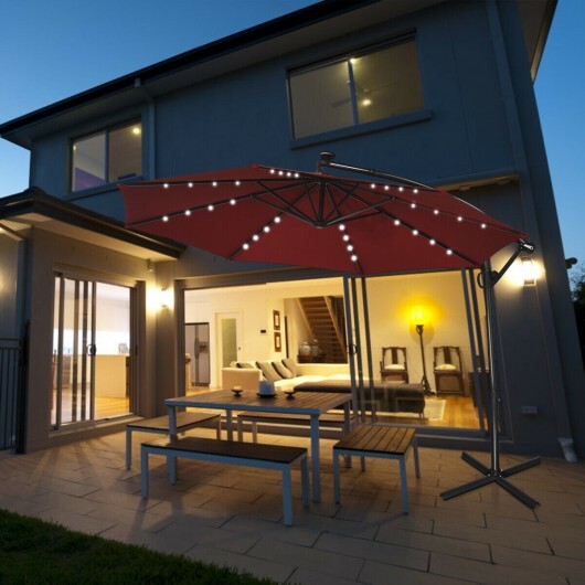 10 ft 360?° Rotation Solar Powered LED Patio Offset Umbrella without Weight Base-Dark Red - Color: Dark Red - Size: 10 ft - Image 2