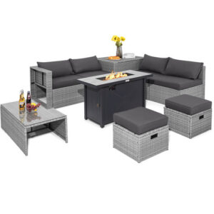 9 Pieces Patio Furniture Set with 42 Inches 60000 BTU Fire Pit-Gray - Color: Gray